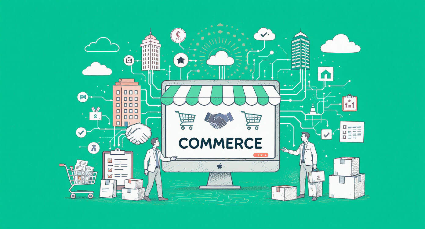 E-commerce i cyfrowa sprzedaż z ikonami i grafikami.