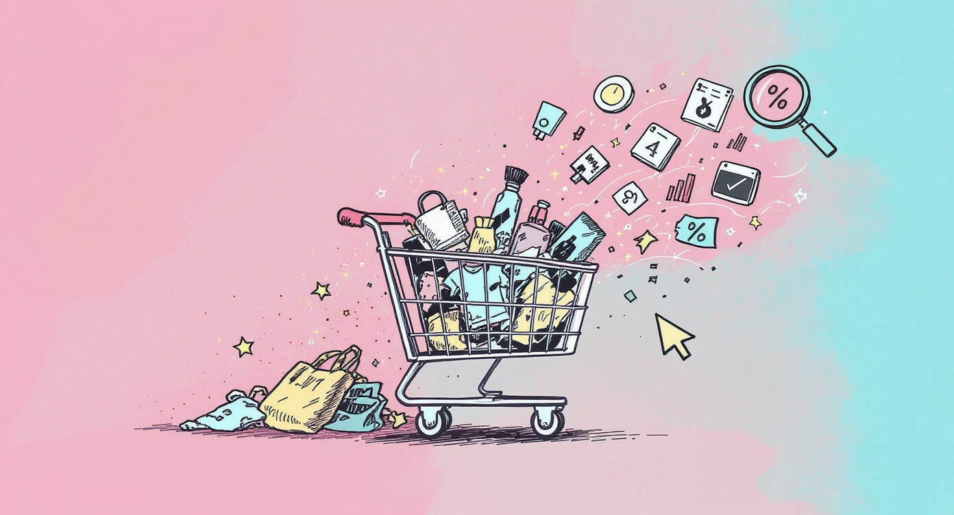 Koszyk pełen produktów i cyfrowych narzędzi marketingowych, symbol e-commerce i promocji.