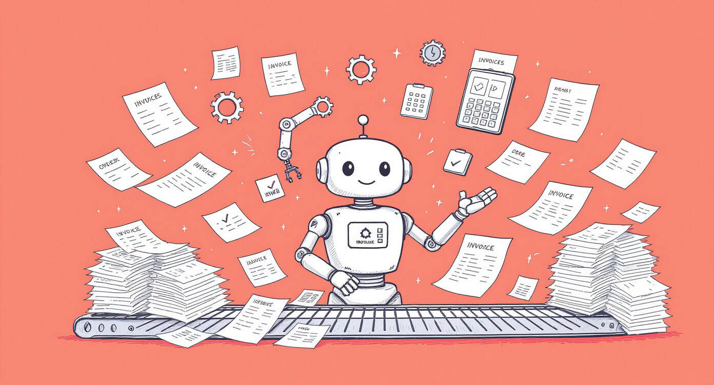 Robot zarządzający dokumentami i procesami biurowymi, symbol automatyzacji.