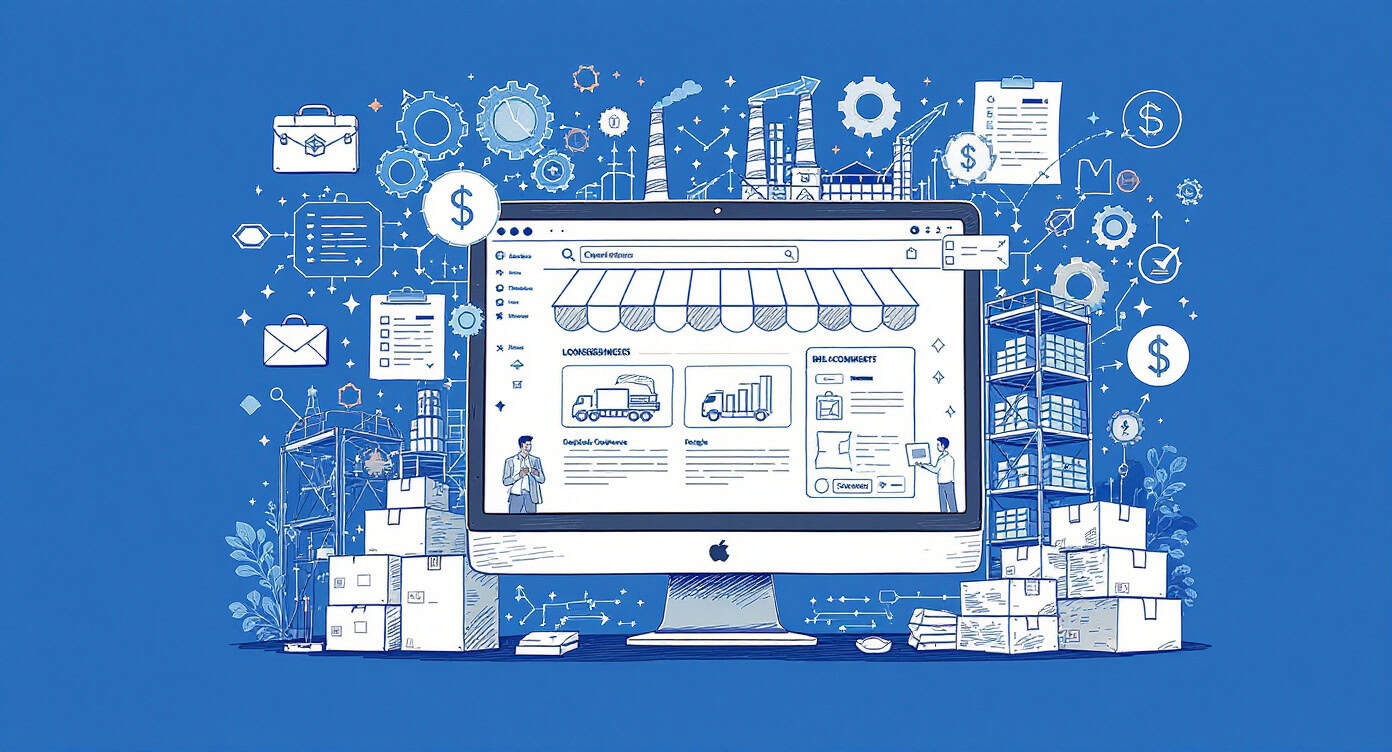 Sklep internetowy na komputerze z grafiką e-commerce i rozwojem biznesu online.