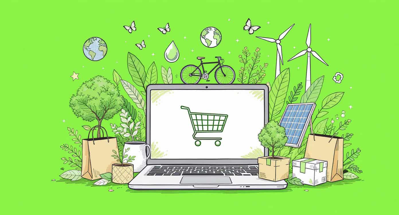 Ekologiczne zakupy online, laptop z koszykiem, zielone rośliny, energia odnawialna, e-commerce eco.