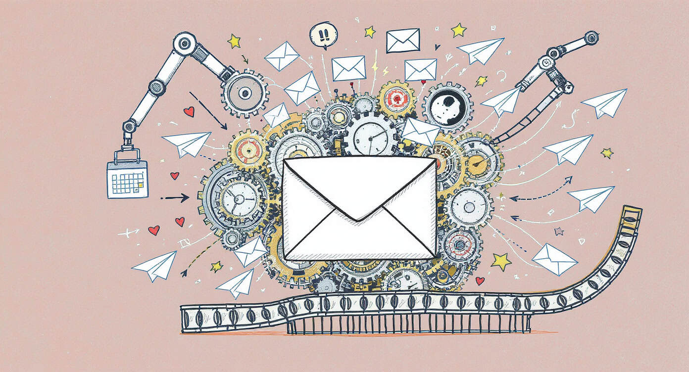 E-mail, zegary i maszyny wirtualne symbolizujące komunikację i technologię.