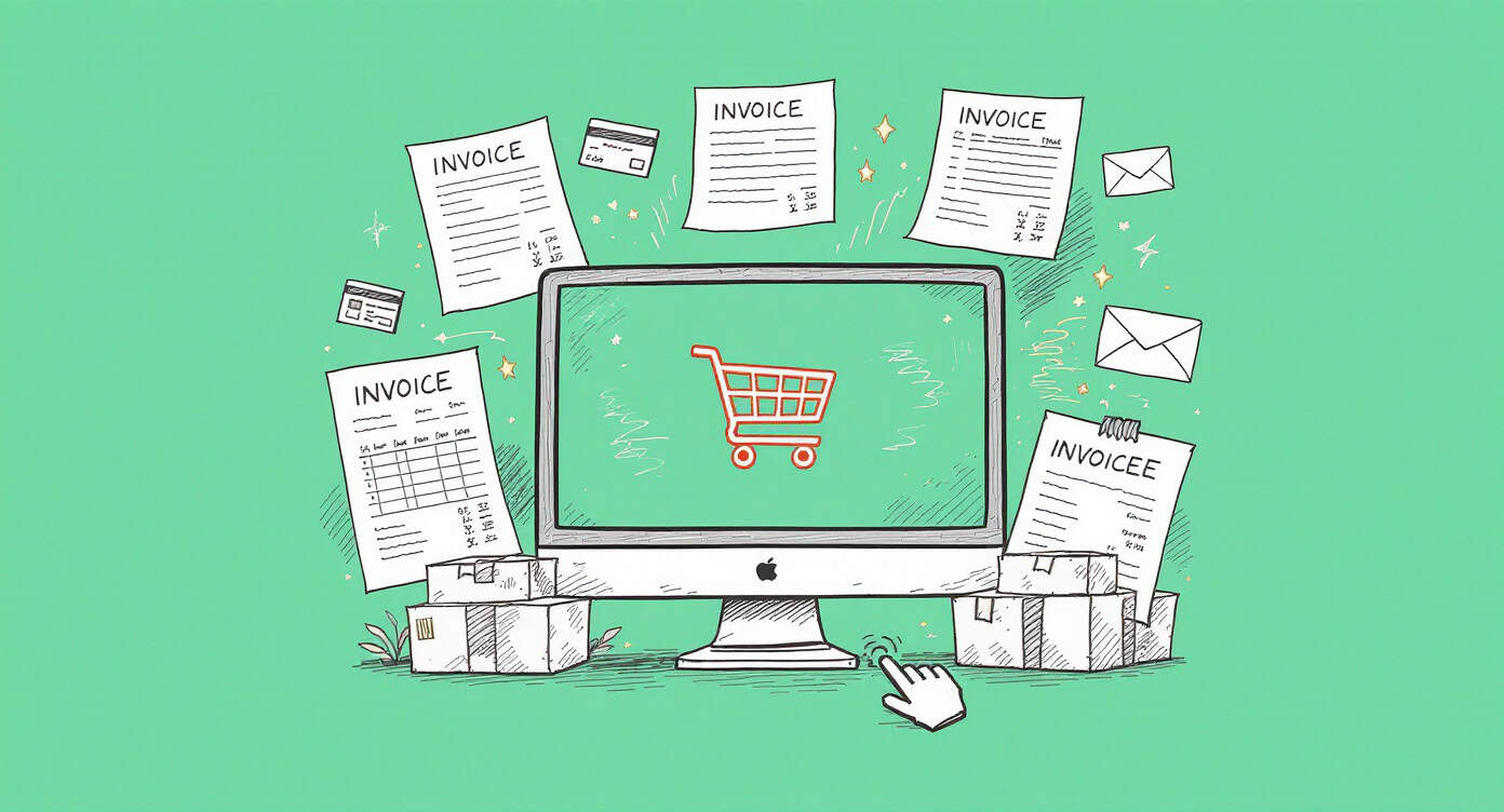 Ekran komputera z koszykiem zakupów i fakturami wokół, symbol e-commerce i sprzedaży online.