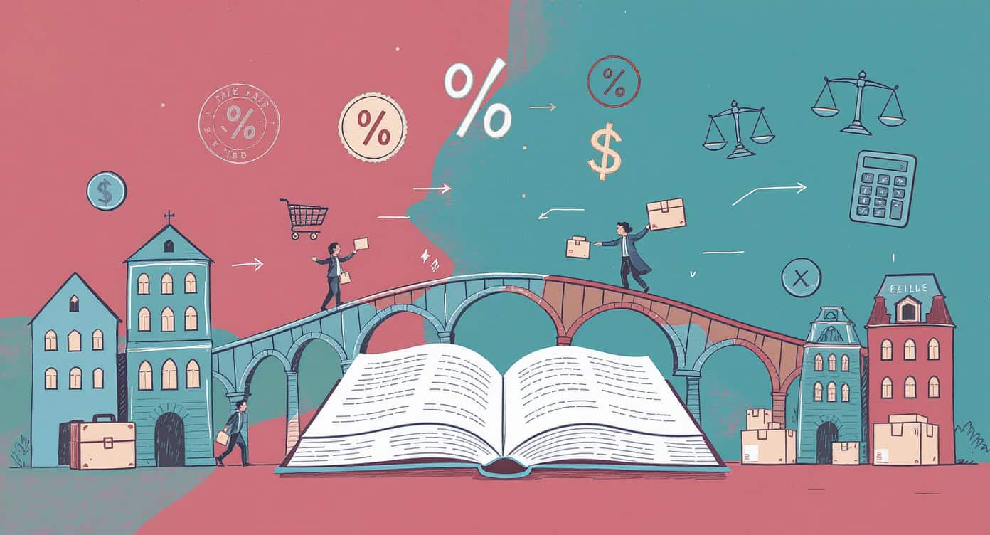 Przedstawienie finansów i edukacji z książką i symbolami na tle miasta.