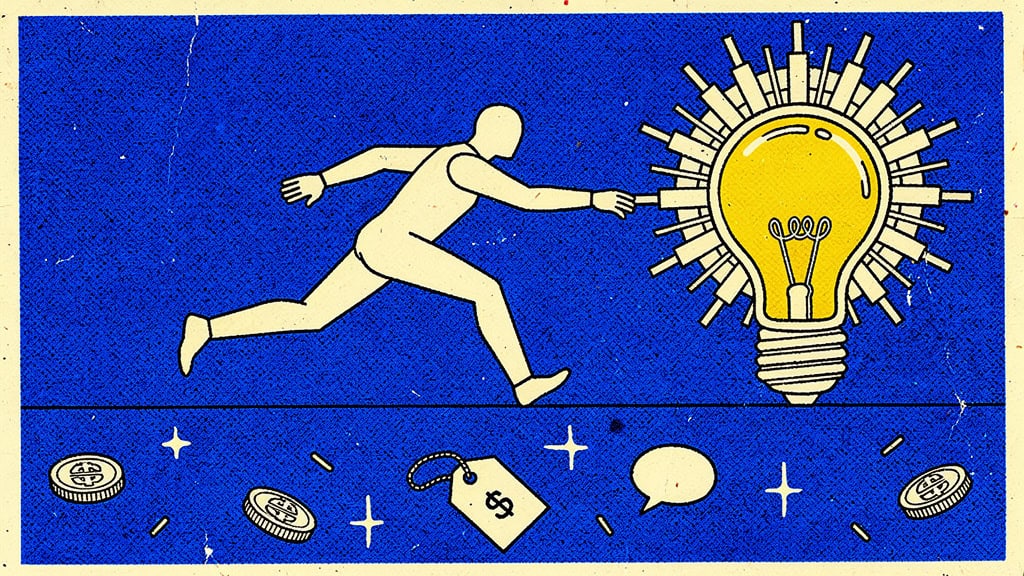 Ilustracja przedstawia osobę goniącą żarówkę z żarówką jako źródłem inspiracji.