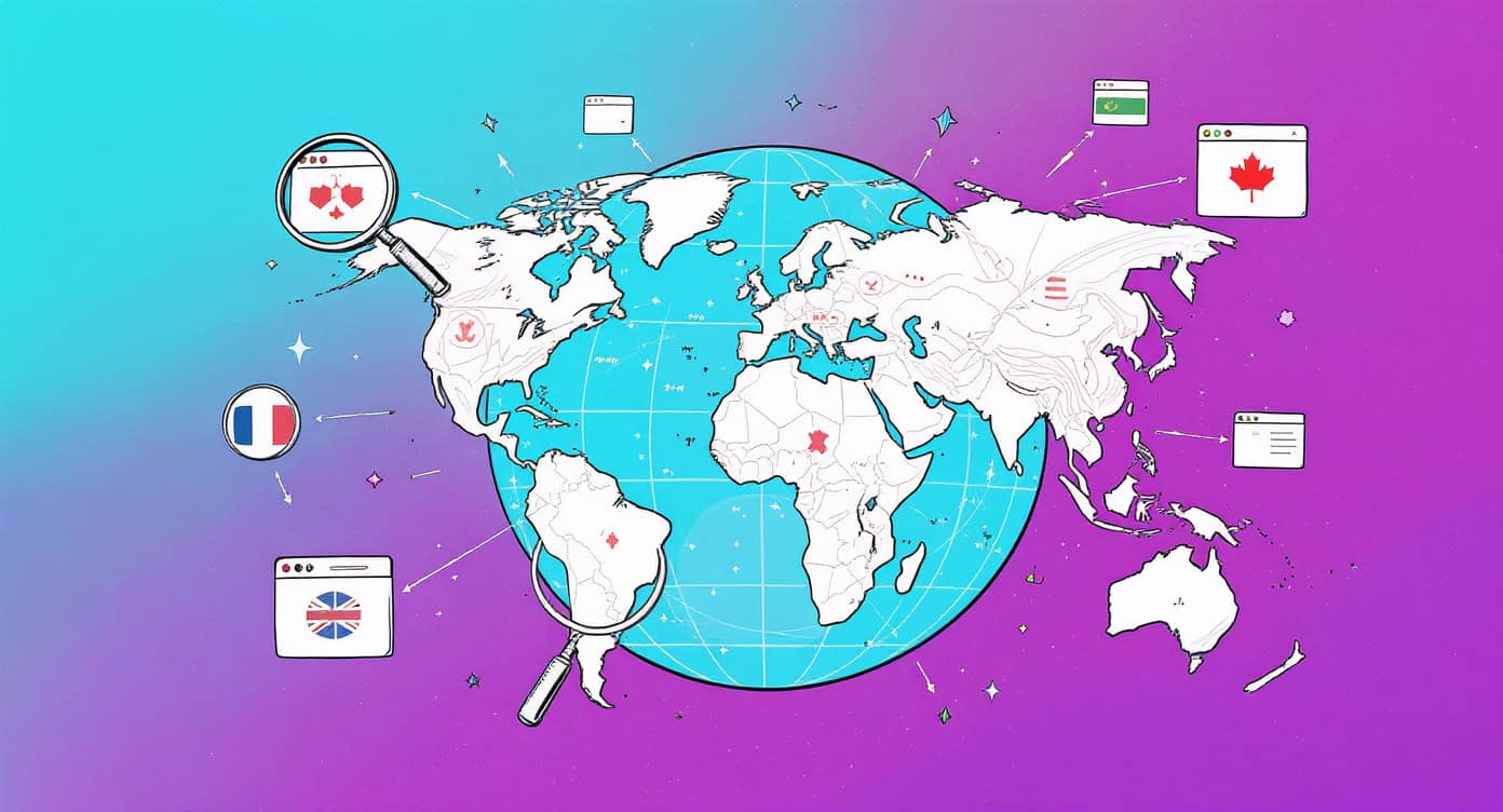 Globalna mapa z flagami Francji, Wielkiej Brytanii, Kanady i Japonii.